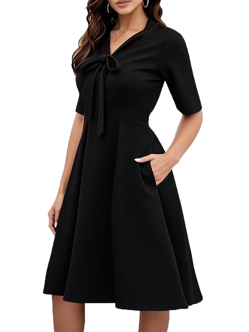 oxiuly Women's Vintage Bow Tie V-Neck Pockets Casual Work Party Cocktail Swing A-line Dresses OX278 (XXL, Black Solid 5) - Image 1